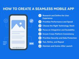 Flat design infographic titled ‘How to Create a Seamless Mobile App,’ showing a smartphone illustration on the left and eight key steps listed on the right, including research, performance, technology stack, scalability, cross-platform consistency, security, testing, and maintenance — all on a clean blue background.