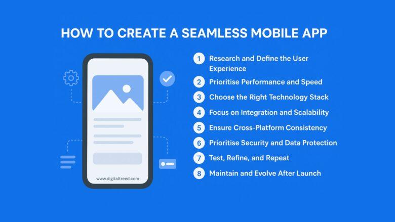 Flat design infographic titled ‘How to Create a Seamless Mobile App,’ showing a smartphone illustration on the left and eight key steps listed on the right, including research, performance, technology stack, scalability, cross-platform consistency, security, testing, and maintenance — all on a clean blue background.
