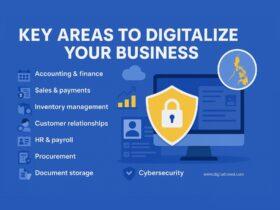 A blue-themed digital infographic titled “Key Areas to Digitalize Your Business,” featuring icons for accounting, sales, inventory, CRM, HR, procurement, document storage, and cybersecurity. On the right side is a computer screen with a yellow security shield and a map of the Philippines, symbolizing digital transformation for Philippine businesses.