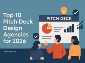 Flat-style infographic showing three people reviewing a large pitch deck presentation with charts and graphs. The left side displays the title 'Top 10 Pitch Deck Design Agencies for 2026' in bold text. The graphic includes icons such as checkmarks, a pie chart, bar graphs, and a lightbulb to represent ideas and strategy.