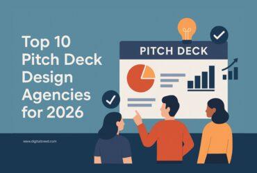 Flat-style infographic showing three people reviewing a large pitch deck presentation with charts and graphs. The left side displays the title 'Top 10 Pitch Deck Design Agencies for 2026' in bold text. The graphic includes icons such as checkmarks, a pie chart, bar graphs, and a lightbulb to represent ideas and strategy.
