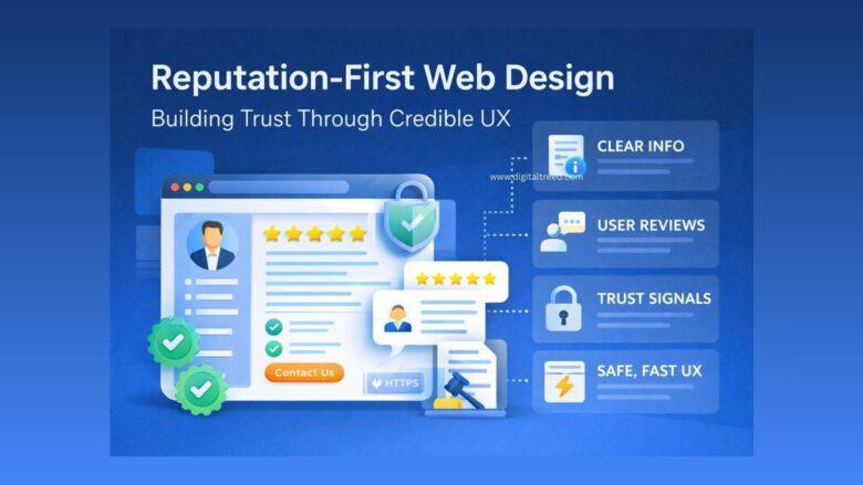 Infographic showing reputation-first web design with a website interface, five-star reviews, security lock, trust badges, and icons highlighting clear information, user reviews, trust signals, and fast, secure UX.