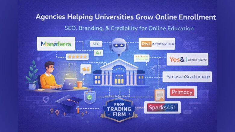 Illustration showing universities growing online enrollment through SEO and digital marketing, with a central university building connected to agencies, AI search, reviews, and branding icons on a solid blue background.