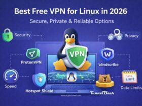 **Alt text:** Illustration showing a Linux penguin holding a VPN shield on a laptop, surrounded by icons representing security, privacy, speed, and data limits, highlighting the best free VPN options for Linux in 2026.