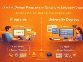 Illustrated infographic comparing graphic design programs in Ontario and university graphic design degrees, showing career-focused diploma paths versus four-year academic degrees with visual icons for duration, cost, and outcomes.