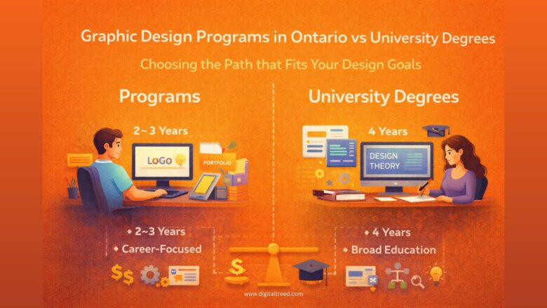 Illustrated infographic comparing graphic design programs in Ontario and university graphic design degrees, showing career-focused diploma paths versus four-year academic degrees with visual icons for duration, cost, and outcomes.