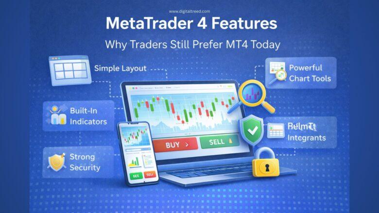 Illustration showing MetaTrader 4 features with a laptop and mobile trading screens, candlestick charts, buy/sell buttons, and icons representing simple layout, chart tools, indicators, security, and multi-device access.