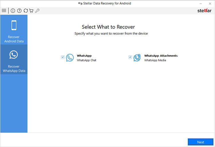 choose whether you want to recover WhatsApp messages or attachments (or even both) and click Next.