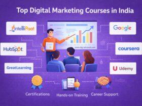 Illustrated feature image showing an instructor teaching digital marketing to students, with charts, growth graphs, and logos of popular platforms like Google, Coursera, Udemy, HubSpot, Great Learning, and Intellipaat on a purple background, representing top digital marketing courses in India.