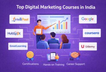 Illustrated feature image showing an instructor teaching digital marketing to students, with charts, growth graphs, and logos of popular platforms like Google, Coursera, Udemy, HubSpot, Great Learning, and Intellipaat on a purple background, representing top digital marketing courses in India.
