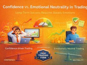 Illustration comparing confidence-driven trading and emotionally neutral trading, showing a stressed trader reacting to fear and greed versus a calm trader following rules, highlighting disciplined, neutral decision-making in prop trading.