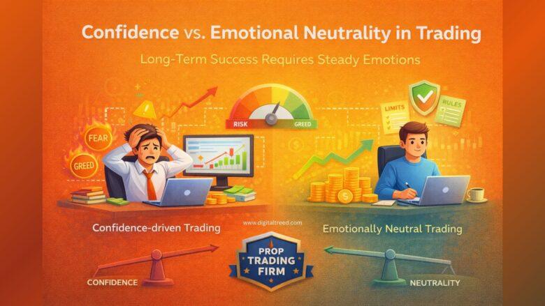 Illustration comparing confidence-driven trading and emotionally neutral trading, showing a stressed trader reacting to fear and greed versus a calm trader following rules, highlighting disciplined, neutral decision-making in prop trading.