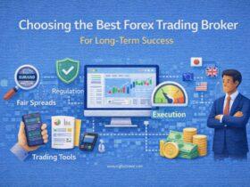 Choosing the Best Forex Trading Broker: Infographic showing trading platform, regulation, execution speed, spreads, tools, and trader analyzing forex market for long-term success