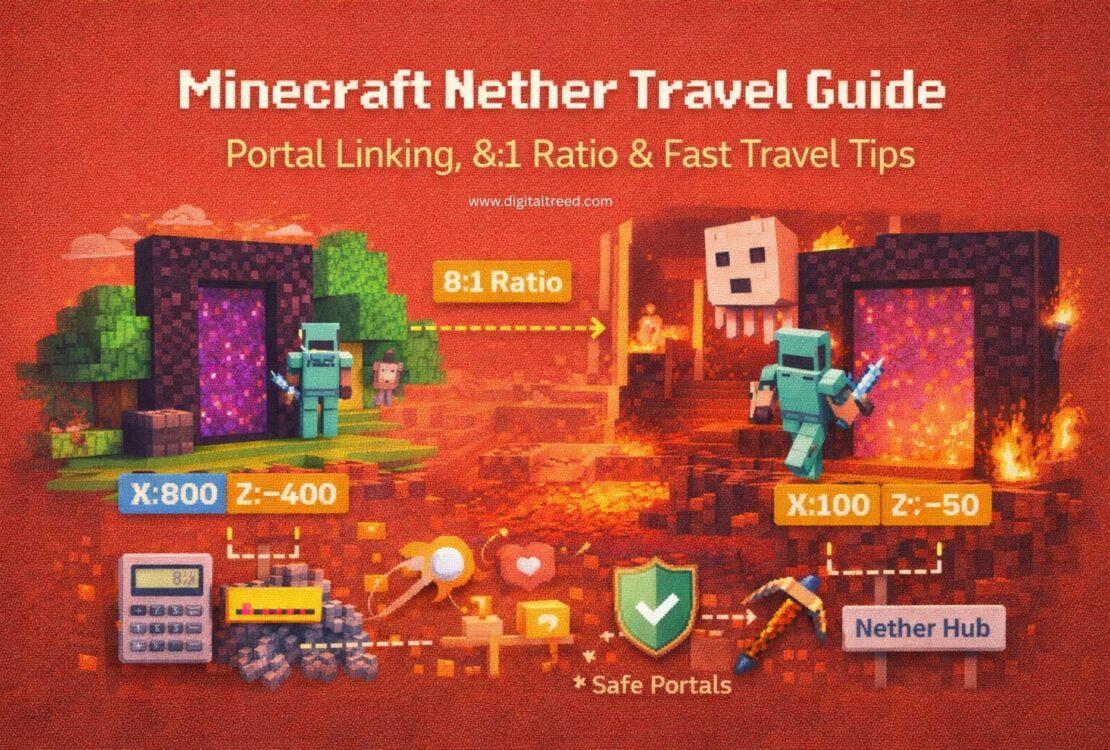 Infographic showing Minecraft Nether fast travel system with portal linking, 8:1 travel ratio, coordinate conversion, and safe Nether hub transportation setup.