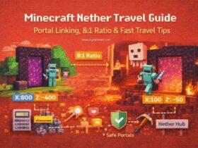 Infographic showing Minecraft Nether fast travel system with portal linking, 8:1 travel ratio, coordinate conversion, and safe Nether hub transportation setup.