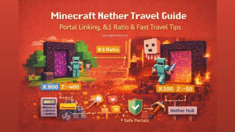 Infographic showing Minecraft Nether fast travel system with portal linking, 8:1 travel ratio, coordinate conversion, and safe Nether hub transportation setup.