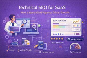 Illustration showing technical SEO for SaaS, with an SEO specialist analyzing website performance, speed, mobile optimization, structured data, and growth metrics on a purple background.