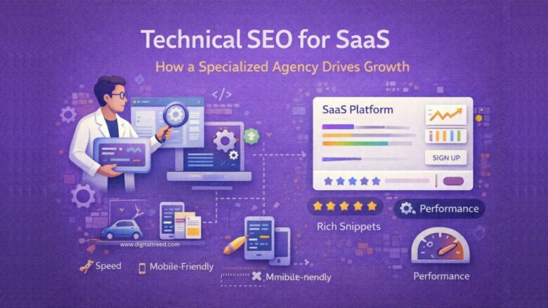 Illustration showing technical SEO for SaaS, with an SEO specialist analyzing website performance, speed, mobile optimization, structured data, and growth metrics on a purple background.