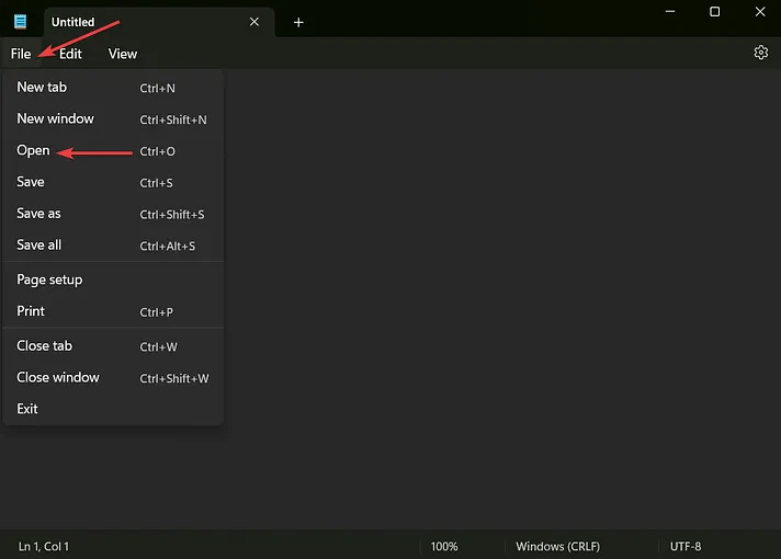 file and open option in notepad