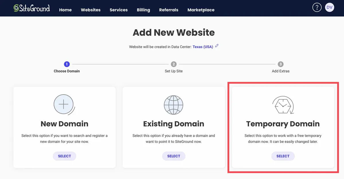 choose temporary domain on siteground
