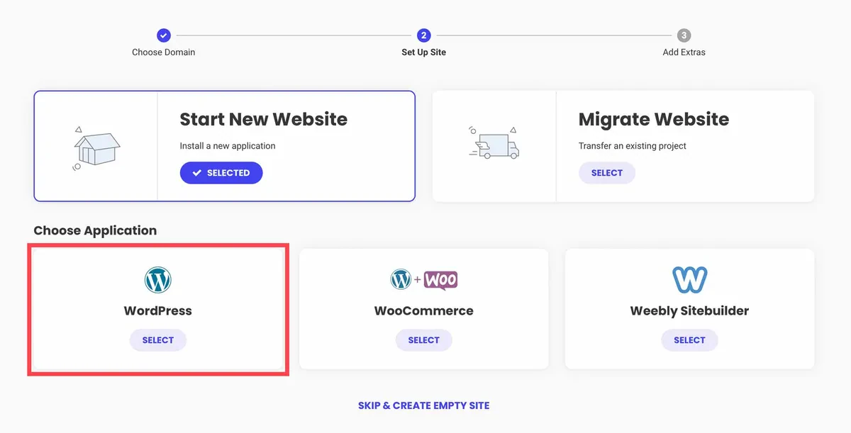 Choose WordPress on siteground