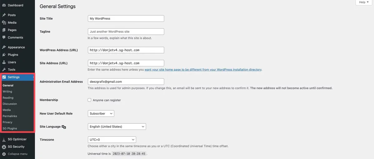 WordPress settings