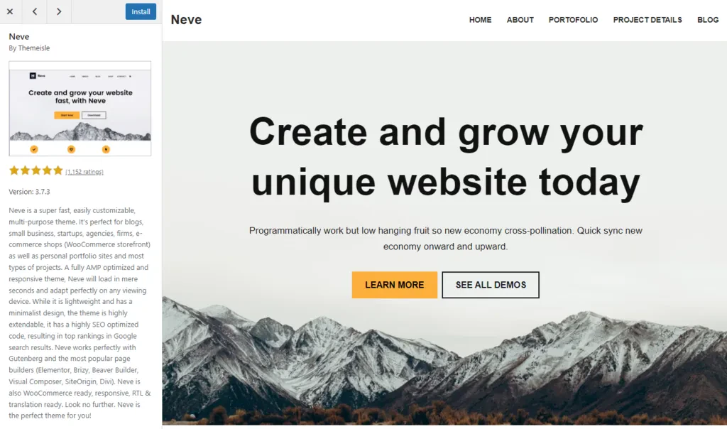 Theme preview in WordPress dashboard