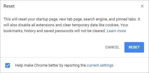 Reset Chrome Browser setting