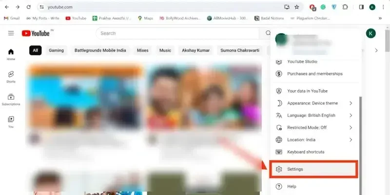 Open YouTube and move to the YouTube Settings by clicking on your profile and choosing “Settings” from the menu.