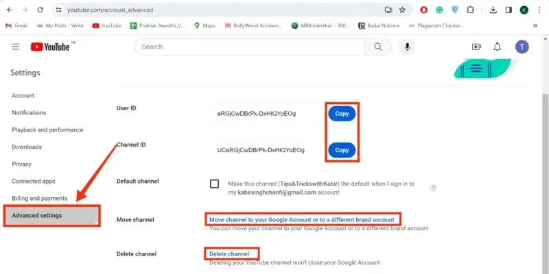 After coming to the YouTube Settings click on the “Advanced Settings” tab and employ Deleting or Moving your channel.