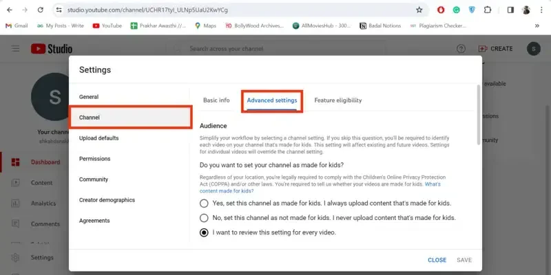 After hitting on the Settings button a dialog box will emerge on the screen, from it choose the Channel tab and click on Advanced Settings to handle it.