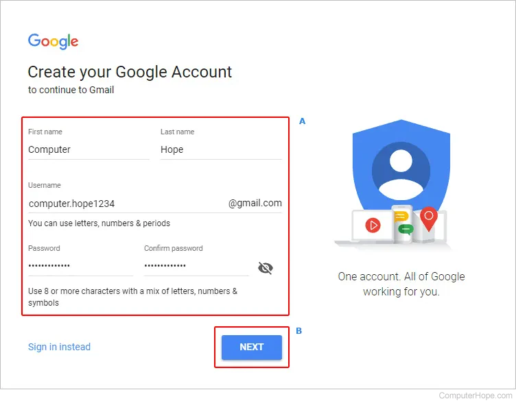 Account creation screen in Gmail.