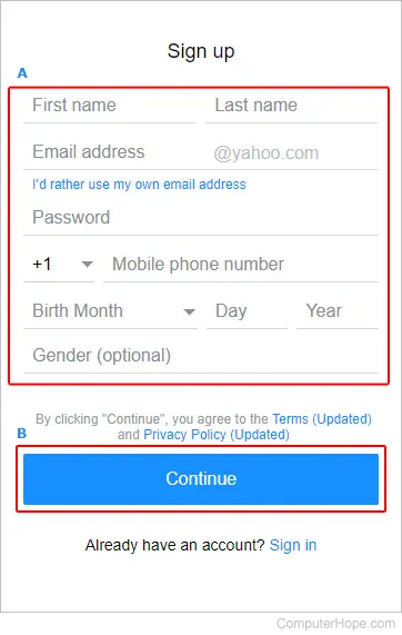 Page users enters their information to sign up for a Yahoo! account.