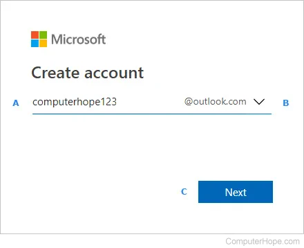 Create account prompt on Outlook.com.