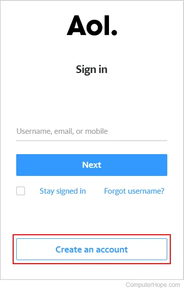 Create an Account button on Aol.