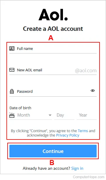 Page users enters their information to sign up for a Aol Mail account.