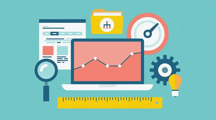An illustration features a laptop displaying a rising line graph. Surrounding the laptop are a magnifying glass, a document, a gear, a light bulb, a ruler, a speedometer, and a folder with an organizational chart. The background is teal.
