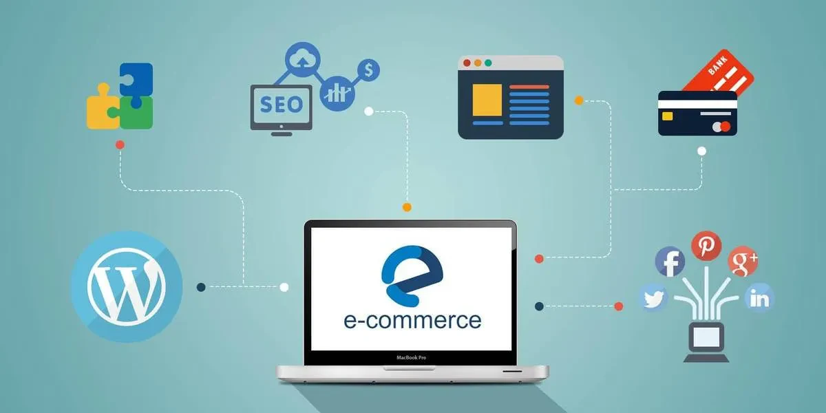 A laptop with the word e - ecommerce surrounded by icons