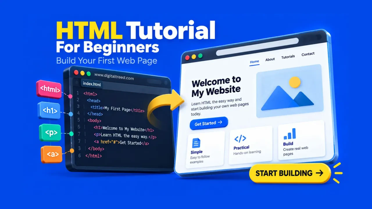 Realistic 3D illustration of HTML code transforming into a beginner-friendly webpage, representing an easy HTML tutorial for building a first website.