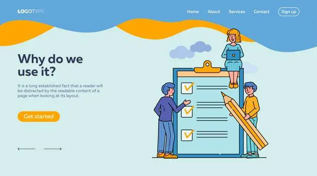 Illustration of three people working together with a large clipboard and oversized pencil, surrounded by check marks and a "Get started" button. The background has a wave-like orange shape at the top with navigation links: Home, About, Services, Contact, and a Sign up button.