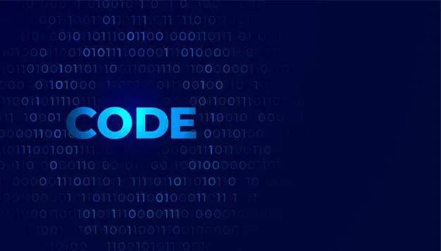 A dark blue background with binary code (ones and zeros) pattern in light blue. The word "CODE" appears prominently in the center in a bold, bright blue font. The binary numbers fade into the background, creating a tech-themed visual.