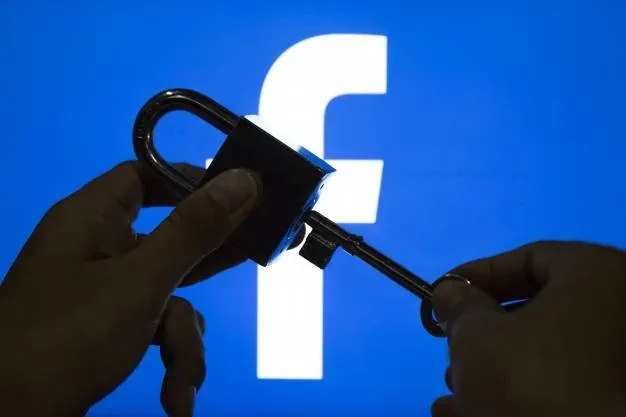 A pair of hands is holding a padlock and key in front of a large, illuminated Facebook logo. One hand is holding the padlock, while the other is inserting the key into the lock, suggesting the idea of unlocking or accessing Facebook.