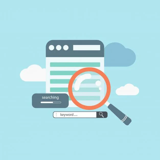 A digital illustration of a search bar with a "keyword" placeholder text. A large magnifying glass highlights the search bar, indicating a search action. The background features a webpage with text and cloud icons against a light blue backdrop.