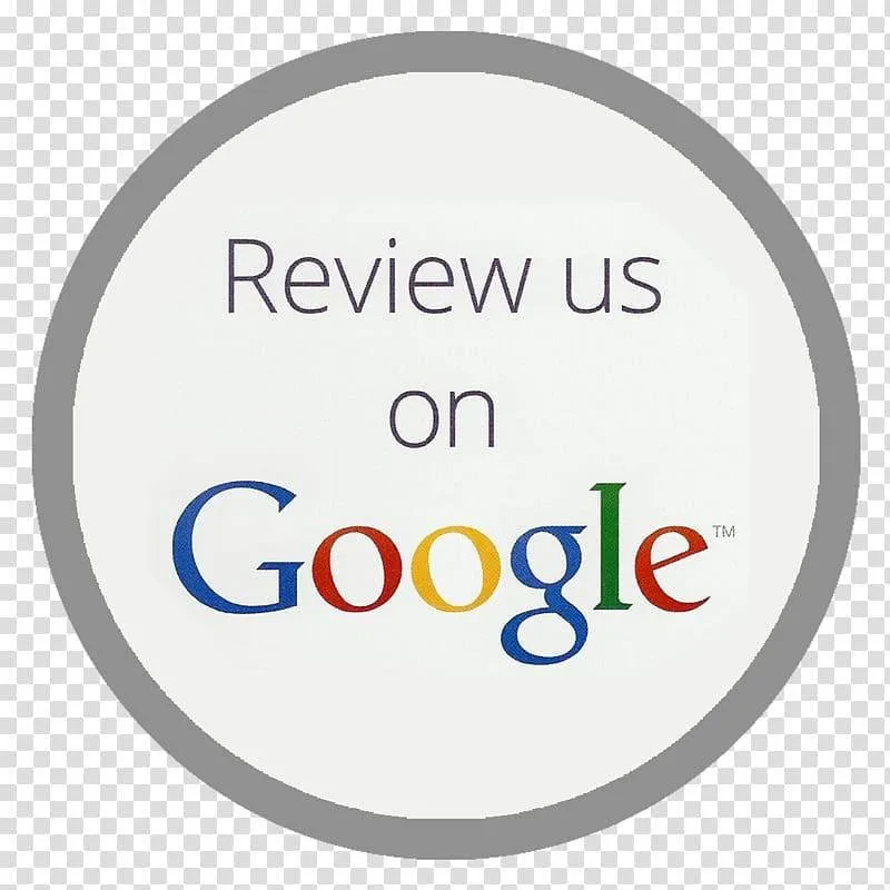 A circular badge with a grey border and transparent background displays the text "Review us on Google." The word "Google" is written in the company's signature colors: blue, red, yellow, and green.