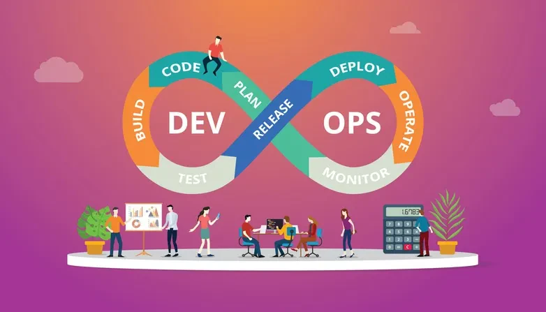 Illustration of the DevOps lifecycle in an infinity loop, showcasing stages: plan, code, build, test, release, deploy, operate, and monitor. People engage in various activities related to these stages, with a vibrant gradient background and decorative plants.
