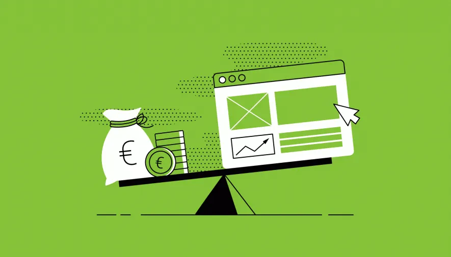 Illustration of a seesaw balancing a money bag, coins, and Euro symbols on one side, with a webpage on the other, against a green background.