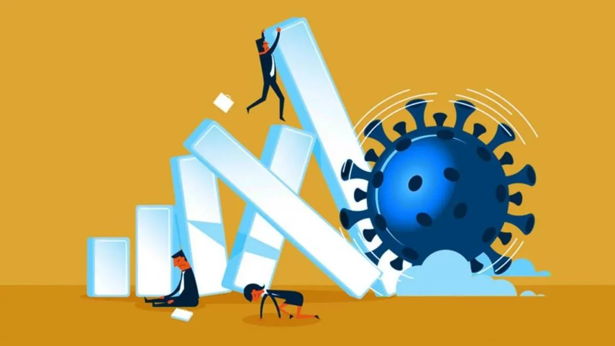 Illustration of three people struggling to prevent large falling bars while a large virus symbol approaches from the background, depicting the challenge of managing economic impacts of a pandemic.