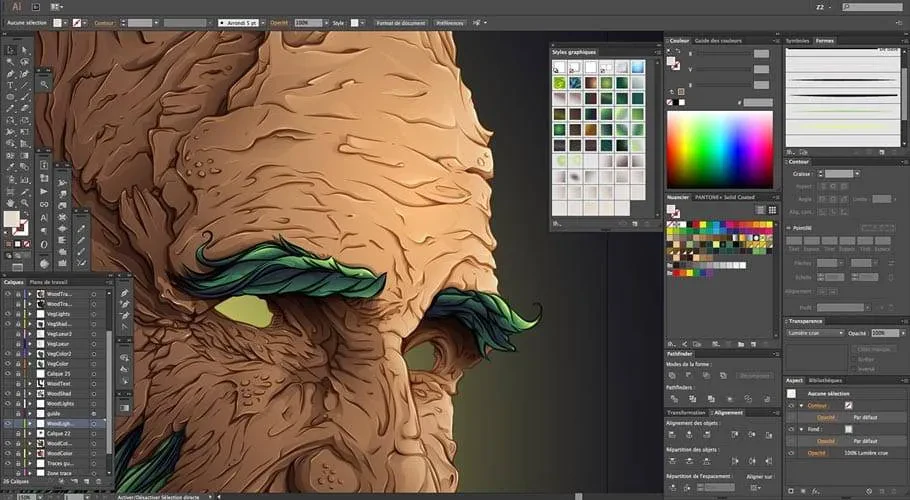 A computer screen displays a digital illustration software with a close-up of a detailed, stylized human face in progress. The face features textured skin, green eyebrows, and illuminated eyes. Tool panels with various options and color palettes are visible on the sides.