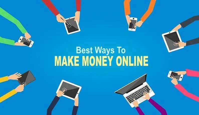 Illustration of hands holding various digital devices such as laptops, tablets, and smartphones, surrounding the text "Best Ways to Make Money Online" on a blue background. The devices are arranged in a circle, and each hand is wearing a different colored sleeve.