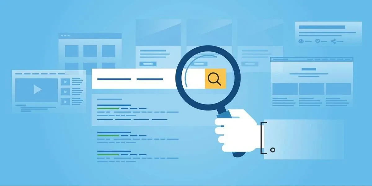 Illustration of a hand holding a magnifying glass over a search bar with a yellow search button. In the background, there are web page elements such as search results, a video player, and various blocks of content on a blue gradient background.